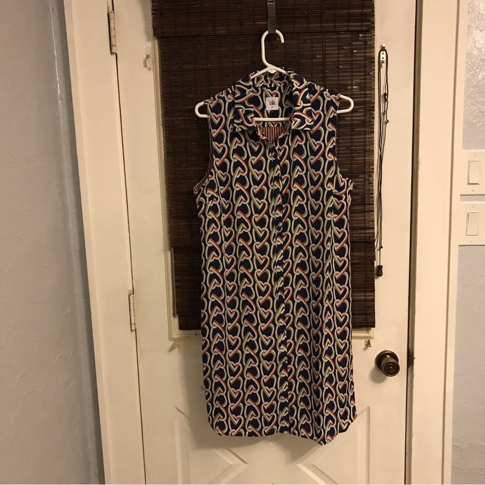 Cabi Amour Heart Print Shirt Dress Medium Style 5370 Button Front Blue Green